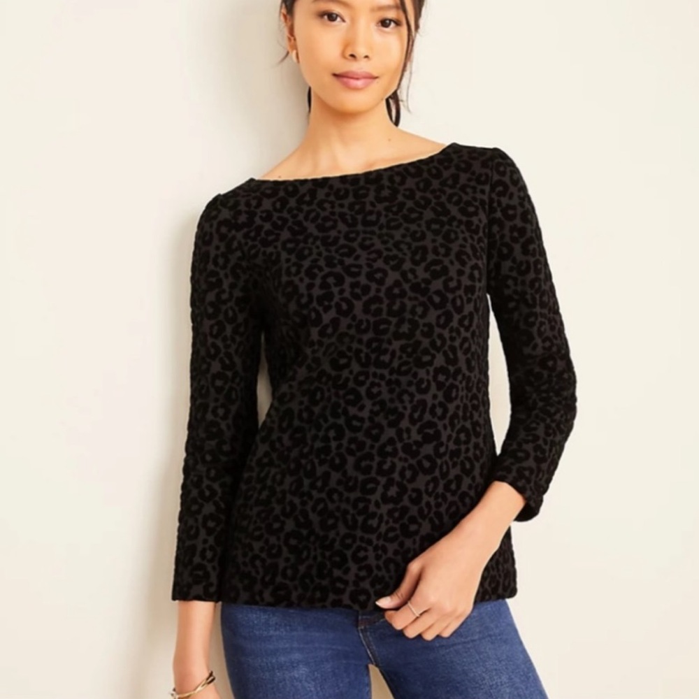 Ann Taylor Black Leopard Print Velvet Top NWT Size Medium